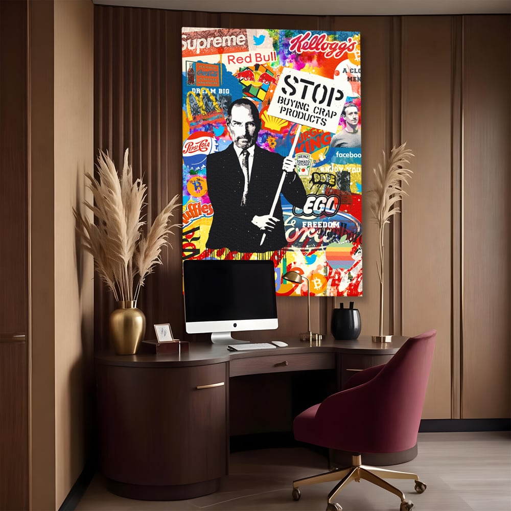 Tablou canvas cu tablou canvas cu portretul lui steve jobs, fara rama, pe sasiu de lemn, pe perete intr-un birou